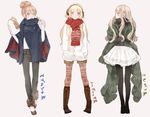  bad_id bad_pixiv_id bangs black_legwear blonde_hair blue_eyes boots braid brown_hair cardigan checkered coat crossed_arms denim earmuffs earrings fashion food french_fries fur_trim green_eyes grey_eyes hair_bun hamburger hands_in_pockets holding jeans jewelry legwear_under_shorts long_hair looking_at_viewer multiple_girls open_mouth original pants pantyhose pink_hair red_scarf scarf shawl shoes shorts simple_background skirt standing striped striped_legwear studs sweater turtleneck vertical-striped_legwear vertical_stripes white_legwear winter_clothes yua_(tick-tack) 