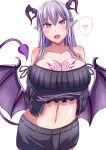  bare_shoulders blush breast_tattoo breasts cleavage commentary_request demon_girl demon_tail grey_hair heart highres horns large_breasts long_hair looking_at_viewer midriff monster_girl munio navel open_mouth original pointy_ears purple_eyes short_shorts shorts simple_background smile solo spoken_heart succubus tail tattoo white_background 