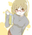  bob_cut book brown_eyes brown_hair glasses holding holding_book looking_at_viewer mattaku_mousuke original plaid short_hair simple_background smile solo sweater turtleneck white_background 