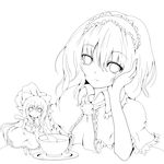  alice_margatroid bad_id bad_pixiv_id capelet cup dress greyscale hairband highres holding holding_spoon kuroneko_(fragrant_olive) lineart monochrome saucer shanghai_doll solo spoon table tea teacup touhou 