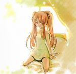  ano_natsu_de_matteru arm_support bare_shoulders barefoot bow_(bhp) brown_eyes brown_hair casual dress flat_chest light_smile long_hair looking_at_viewer on_bed sitting solo sundress twintails wariza window yamano_remon 