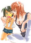  1girl androgynous anubituf black_hair brown_hair character_request food glasses green_eyes ice_cream jewelry licking necklace nishida_asako shorts simoun 