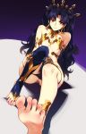 anklet anus arm_support armlet artist_name bare_shoulders barefoot black_hair black_panties blush bow breasts cleavage commentary dark_background earrings fate/grand_order fate_(series) feet feguimel hair_bow hoop_earrings ishtar_(fate/grand_order) jewelry light_blush long_hair looking_at_viewer panties panty_pull pussy_peek red_eyes revealing_clothes single_thighhigh sitting small_breasts smile soles solo sweatdrop thighhighs toeless_legwear toes twintails underwear very_long_hair 