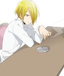  ashtray bad_id bad_pixiv_id blonde_hair chef cigarette hair_over_one_eye male_focus satou_jun sitting solo tooru_(jux) working!! yellow_eyes 