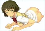  absurdres ass bottomless breasts brown_eyes brown_hair highres kaminagi_ryouko lying medium_breasts nipples on_stomach open_clothes parted_lips shirt_lift short_hair simple_background solo tanaka_takayuki white_background zegapain 