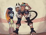  &gt;:) alex_ahad animal_ears apron aqua_eyes bangs bare_shoulders barefoot blunt_bangs bob_cut breasts cat_ears cat_tail crop_top fish_girl from_below hand_on_hip hips lab_zero_games medium_breasts midriff minette_(skullgirls) ms._fortune_(skullgirls) multiple_girls navel official_art scar severed_head short_hair skullgirls smile sparkle standing tail thighhighs toes underboob v-shaped_eyebrows white_hair 