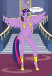  anthro anthrofied breasts clothed clothing crown cutie_mark dialogue equine fab3716 female french_text friendship_is_magic hair hand_on_hip horn inside looking_at_viewer mammal multicolored_hair my_little_pony navel pinup pose skimpy solo standing talking_to_viewer text translation_request twilight_sparkle_(mlp) winged_unicorn wings 