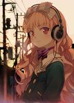  akg brown_eyes chain hair_ribbon headphones highres kodamasawa_izumi long_hair looking_at_viewer original power_lines ribbon solo upper_body wavy_hair 