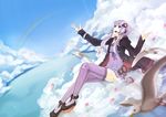  above_clouds bad_id bad_pixiv_id bird cloud day dutch_angle hair_ornament headset highres hood hood_down hooded_jacket jacket long_hair looking_up open_mouth outdoors petals promotions purple_eyes purple_hair purple_legwear rainbow short_hair_with_long_locks sidelocks sitting sky smile solo striped striped_legwear thighhighs vertical-striped_legwear vertical_stripes vocaloid voiceroid yuu_(kyuutai_kansetsu) yuzuki_yukari zettai_ryouiki 