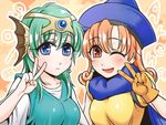  alena alena_(dq4) blush breasts chunsoft commentary dragon_quest dragon_quest_iv enix eyebrows genderswap genderswapdragon_quest green_eyes green_hair helmet hero_(dq4) large_breasts mabo-udon pixiv_thumbnail resized short_hair sweat v 