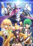  animal arc_system_works blazblue blazblue:_calamity_trigger cape cat glasses gloves green_eyes grey_hair hakumen hat jubei_(blazblue) kazuma_kuvaru kisaragi_jin konoe_a_mercury long_hair mask nine_(blazblue) open_mouth pink_hair ribbon samurai trinity_glassfield tsukikanade valkenhayn_r_hellsing weapon yuuki_terumi 