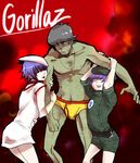  1boy 2girls black_hair cross cross_necklace cyborg_noodle food gorillaz hat inverted_cross male multiple_girls murdoc_niccals musdoc_niccals noodle noodle_(gorillaz) noodles purple_hair short_hair size_difference smile ugly_man 