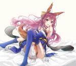  1girl animal_ear_fluff animal_ears blanket blue_kimono blue_legwear blush bow breasts cleavage cosplay detached_collar detached_sleeves eyebrows_visible_through_hair fate/extra fate/grand_order fate_(series) fox_ears fox_girl fox_tail full_body gradient gradient_background gradient_hair hair_between_eyes hair_bow japanese_clothes kamikaze_(kantai_collection) kantai_collection kimono large_breasts long_hair multicolored_hair obi pink_hair purple_eyes ribbon sash sitting solo tail tamamo_(fate)_(all) tamamo_no_mae_(fate) tamamo_no_mae_(fate)_(cosplay) thighhighs wide_sleeves yazuishou_ray yellow_bow yellow_eyes yellow_ribbon 