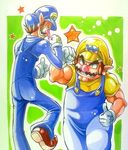  anei brothers brown_hair facial_hair fist_bump gloves hat long_nose male_focus mario_(series) marker_(medium) multiple_boys muscle mustache overalls red_nose siblings super_mario_bros. thumbs_up traditional_media waluigi wario white_gloves 