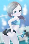  1girl ass bare_arms bare_shoulders born-to-die bottle buruma buruma_pull cameltoe child female flat_chest grey_eyes holding long_hair looking_at_viewer looking_back midriff nintendo open_mouth pale_skin shiny shiny_hair solo wii_fit wii_fit_trainer younger 