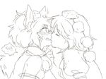  !? 2girls animal_ears bare_shoulders blush chin_tickle closed_eyes detached_sleeves embarrassed greyscale hat imminent_kiss inubashiri_momiji meeko monochrome multiple_girls pom_pom_(clothes) profile shameimaru_aya short_hair short_sleeves sketch tail tokin_hat touhou white_background wolf_ears wolf_tail yuri 