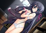  aqua_eyes black_hair blush bow bow_panties bra clothes_in_front covering covering_breasts dressing embarrassed game_cg gotou_nao gym_storeroom indoors kanou_kayoko koiiro_soramoyou lingerie long_hair looking_at_viewer navel off_shoulder open_mouth panties ribbon solo underwear underwear_only very_long_hair white_bra white_panties 