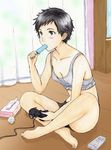  alice_kei_(lemon-jiru) androgynous barefoot black_hair boxers brown_eyes controller curtains dualshock faux_traditional_media feet flat_chest food game_console game_controller gamepad indoors legs long_legs male_underwear midriff original playing_games playstation_2 popsicle short_hair shorts sitting solo sucking tissue tomboy underwear very_short_hair vest 