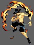  belt black_eyes black_hair boots cowboy_hat fire hat highres jewelry knife male_focus momo_moto muscle necklace one_piece portgas_d_ace shirtless shorts smile solo tattoo 