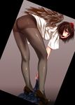  absurdres annoyed ass bent_over black_hair black_legwear black_wings breasts brown_eyes clothes_removed dutch_angle from_behind harigane_shinshi hat high_heels highres legs looking_at_viewer looking_back medium_breasts no_panties no_pants open_mouth pantyhose shameimaru_aya shiny shiny_clothes shirt shoes short_hair simple_background skirt skirt_pull solo tokin_hat touhou undressing white_shirt wings 