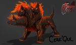  abstract_background avoid_posting canine cerberus cere&#039;qul cere'qul chest_tuft claws creature dog eyes facial_hair feral fire fire_hair flames frisky_ferals fur glowing glowing_eyes goatee hellhound hindpaw lava logo male mammal mane monster multi_head orange_eyes paws quadruped raised_tail sefeiren shadow tail teeth tuft unknown_species 