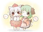  :&lt; :3 animal_ears bad_id bad_pixiv_id blush cheek-to-cheek chibi dog_ears dog_tail dress flying_sweatdrops green_eyes green_hair hands_on_own_face hat heart inubashiri_momiji kasodani_kyouko leg_up multiple_girls one_eye_closed red_eyes short_hair simple_background sleeves_past_wrists south114 tail tail_wagging tokin_hat touhou white_hair wolf_ears wolf_tail 