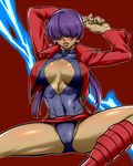  blush boots breasts cleavage cleavage_cutout cropped_jacket dark_persona dark_skin dynamite-kit earrings hair_over_eyes jacket jewelry knee_boots large_breasts leotard lipstick makeup miniskirt open_clothes open_jacket orochi_shermie purple_hair shermie skirt skirt_up split_ponytail the_king_of_fighters thighs 