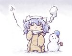  &gt;_&lt; arm_up blush_stickers bucket chibi closed_eyes coat giving_up_the_ghost hat letty_whiterock nekoguruma open_mouth scarf short_hair snow snowman solo touhou 
