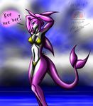  anthro bikini blue_eyes breasts cetacean clothed clothing delphie dialog dialogue dolphin dorsal_fin english_text female mammal marine pink pink_body skimpy snowfyre solo swimsuit tail text tight_clothing water 