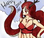  2012 bare_shoulders bb_(baalbuddy) breasts cleavage colorized covered_nipples crop_top dragon_girl dragon_tail facial_tattoo horns large_breasts long_hair midriff monster_girl navel original red_eyes red_hair sideboob solo tail tank_top tattoo 