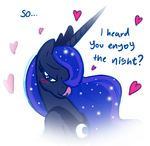  &lt;3 blue_hair blush dialog dialogue english_text equine female feral friendship_is_magic hair horn licking licking_lips mammal mickeymonster my_little_pony plain_background princess_luna_(mlp) seductive solo text tongue unicorn white_background winged_unicorn wings 