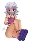  .hack// .hack//tasogare_no_udewa_densetsu bandai bdsm bondage bound cloth_gag cyber_connect_2 gag gagged improvised_gag over_the_mouth_gag rope sandals silver_hair swimsuit 