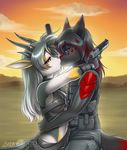  breasts clothing couple eye_contact female gun horn kissing looking_at_each_other male obsidian_(character) pistol ranged_weapon red_eyes straight weapon 