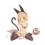  animal_ears ball bangs bare_shoulders black_legwear blonde_hair blunt_bangs bra breasts cat_ears cat_tail cleavage expressionless fake_animal_ears highres jpeg_artifacts lingerie looking_at_viewer midriff multicolored multicolored_bra multicolored_clothes navel nichijou no_shoes red_eyes ribbon sekiguchi_yuria short_hair simple_background sitting small_breasts solo strap_slip tail thighhighs tsliuyixin underwear wariza white_background 