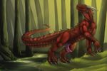  4_toes brunalli claws cloaca digitigrade dragon erection feral forest grass hindpaw horn male outside paws penis red red_body red_scales reptile scalie slit solo spikes standing tojo_the_thief tree water wet wood 