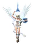  absurdres angel_wings arm_up blonde_hair breasts cleavage detached_sleeves elysium hair_ribbon highres kawano_takuji large_breasts legs lips long_legs mask navel official_art revealing_clothes ribbon see-through shield single_sleeve soulcalibur soulcalibur_(weapon) soulcalibur_v spoilers strapless sword thighs tubetop valkyrie weapon wings 
