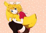  bad_id bad_pixiv_id banana blonde_hair blue_eyes food fruit hair_ornament hair_ribbon hairclip kagamine_rin looking_at_viewer monaco_(rmn02) pillow pillow_hug ribbon short_hair shorts smile solo thighhighs vocaloid 