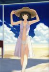  absurdres bare_shoulders beach bikini black_eyes black_hair blue_sky cloud crossed_legs day dress front-tie_top hat highres kimi_kiss looking_at_viewer open_clothes outdoors see-through shijou_mitsuki short_hair sky smile solo standing sun_hat swimsuit takayama_kisai white_bikini white_dress 