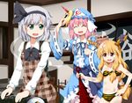  animal_print apron arm_up bandages basket bikini blonde_hair blue_dress bow character_mask closed_eyes club cosplay dirty dress ehoumaki food ghost green_dress green_eyes hair_ribbon hand_on_hip hat horn horn_ribbon horns hoshiguma_yuugi ibuki_suika konpaku_youmu konpaku_youmu_(ghost) long_hair lum lum_(cosplay) makizushi multiple_girls navel oni_mask pink_hair red_eyes ribbon ruu_(tksymkw) saigyouji_yuyuko sash setsubun shirt short_hair silver_hair smile soot sushi sweatdrop swimsuit tiger_print touhou urusei_yatsura veil weapon 