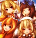  :t absurdres amanojaku bad_id bad_pixiv_id black_hair blonde_hair blue_eyes blush bow brown_hair drill_hair hair_bow hat highres long_hair luna_child multiple_girls odd_one_out open_mouth orange_hair purple_eyes red_eyes ribbon short_hair smile star_sapphire sunny_milk touhou twintails yakumo_yukari 