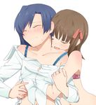  amami_haruka bad_id bad_pixiv_id blue_hair bra brown_hair closed_eyes couple groping hand_under_clothes hand_under_shirt hug hug_from_behind idolmaster idolmaster_(classic) kisaragi_chihaya licking lingerie multiple_girls off_shoulder shirt sou_(tuhut) underwear yuri 