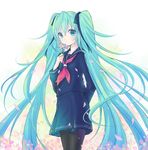  aqua_eyes aqua_hair arm_behind_back black_legwear black_ribbon black_serafuku cowboy_shot flower hair_ribbon hatsune_miku holding holding_flower long_hair long_sleeves looking_at_viewer neckerchief pantyhose petals poshii_(posy) red_neckwear ribbon school_uniform serafuku skirt smile solo standing treble_clef twintails very_long_hair vocaloid 