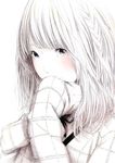  bangs black_neckwear blush braid covering_mouth face grey_eyes long_sleeves monochrome neck_ribbon original plaid ribbon simple_background single_braid sleeves_past_wrists sousou_(sousouworks) spot_color sweater 