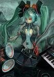  amputee aneater aqua_eyes aqua_hair bad_id bad_pixiv_id belt bow calne_ca crustacean hair_bow hair_ribbon hatsune_miku headphones heterochromia horror_(theme) instrument isopod keyboard_(instrument) long_hair open_clothes open_shirt red_eyes ribbon shirt skirt solo twintails very_long_hair vocaloid 