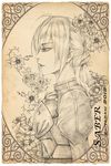  ahoge armor artoria_pendragon_(all) bad_id bad_pixiv_id character_name dress fate/stay_night fate_(series) flower hair_ribbon lily_(flower) monochrome profile puffy_sleeves ribbon rose saber solo tamaxi 