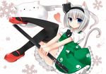  animal_ears black_hairband black_legwear cat_ears dress green_dress hairband highres kemonomimi_mode konpaku_youmu konpaku_youmu_(ghost) red_footwear ribbon shoes silver_hair solo sword tail thighhighs touhou weapon yuzuki_(blossom) 