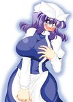  1girl akasode_(tyaramu) blue_eyes blush breasts chyaramu dress female hat hips huge_breasts letty_whiterock open_mouth purple_hair short_hair simple_background solo standing touhou white_background wide_hips 
