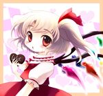  blonde_hair blush chibi chocolate chocolate_heart fang flandre_scarlet frame hair_ribbon heart highres looking_at_viewer no_hat no_headwear red_eyes ribbon shirt side_ponytail skirt skirt_set solo touhou vest wings yume_shokunin 