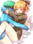  bad_id bad_pixiv_id bare_legs blonde_hair blue_hair blush bottomless bow hair_bobbles hair_bow hair_ornament hat kawashiro_nitori kurodani_yamame meronpanna_(mikoniito) multiple_girls naked_sweater no_pants one_eye_closed ponytail ribbed_sweater sweater touhou two_side_up yellow_eyes yuri 