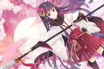  bell black_hair black_legwear cherry_blossoms dutch_angle flower hair_flower hair_ornament hakama_skirt hao_(patinnko) highres hip_vent horns inu_x_boku_ss japanese_clothes miko naginata polearm purple_eyes rope scarf shirakiin_ririchiyo skirt solo thighhighs vambraces weapon 